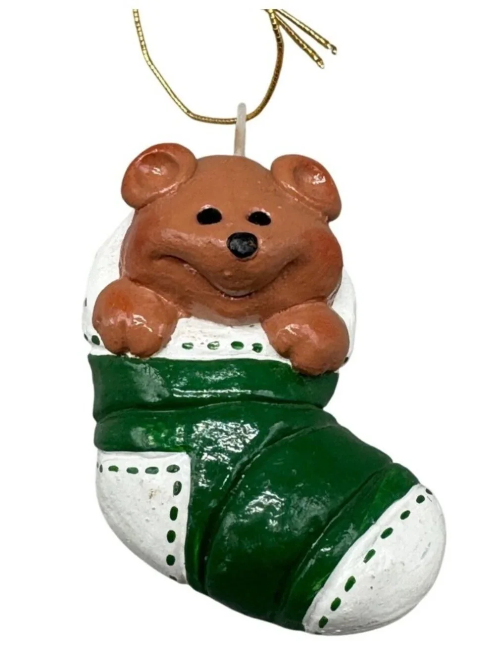 Christmas stocking tree ornament bear green brown hand painted 2.5
